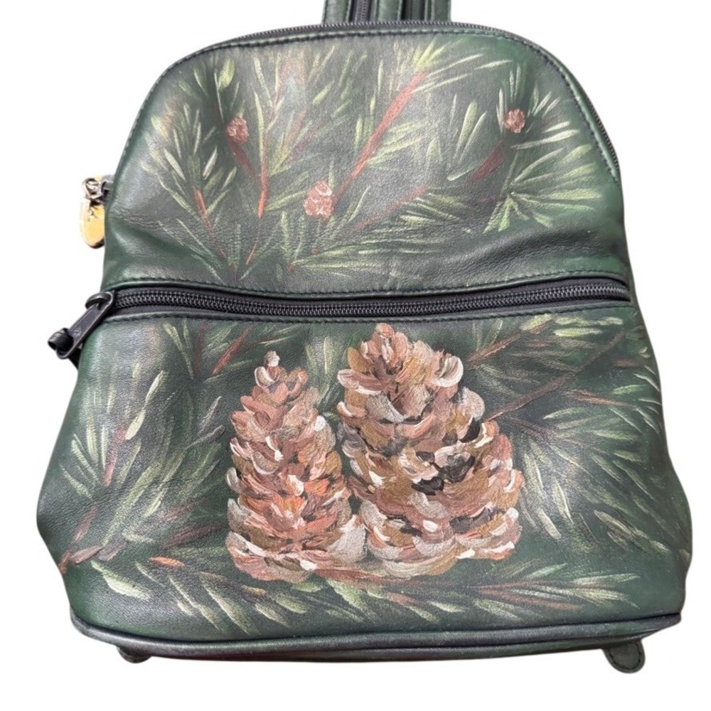 Pantera Green Leather Hand Painted Pine Cone Mini Backpack Sling Bag